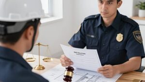 Судебный пристав с молотком над чертежом здания для взыскания дебиторской задолженности через ФССП 2026