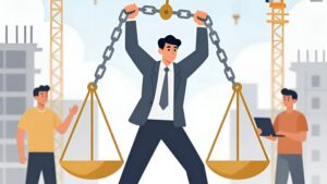 Юрист снимает тяжелую цепь с весов, символизируя снятие арестов со счетов застройщика в 2026 году